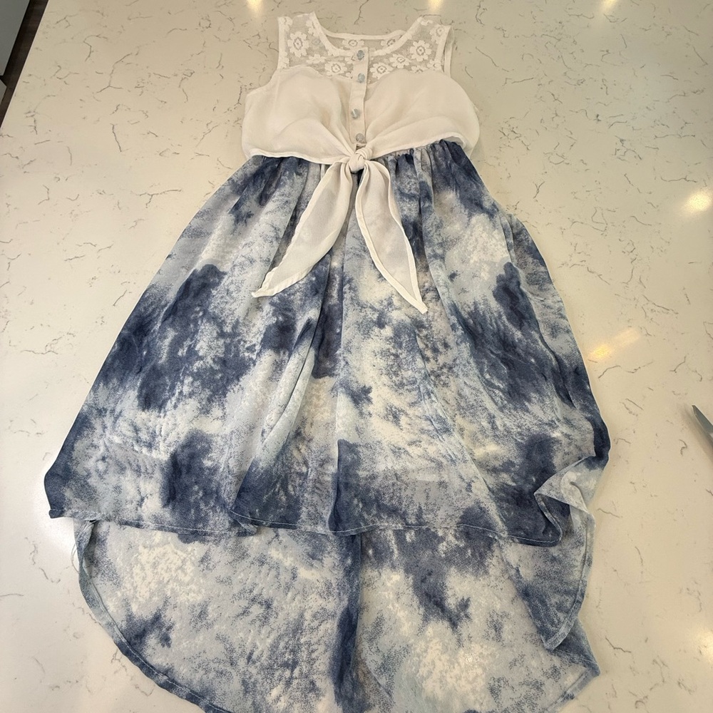 Blue and White Sleeveless High-Low Sundress